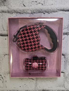 Pink Houndstooth Retractable Dog Leash & Waste Bag Dispenser Set NIB